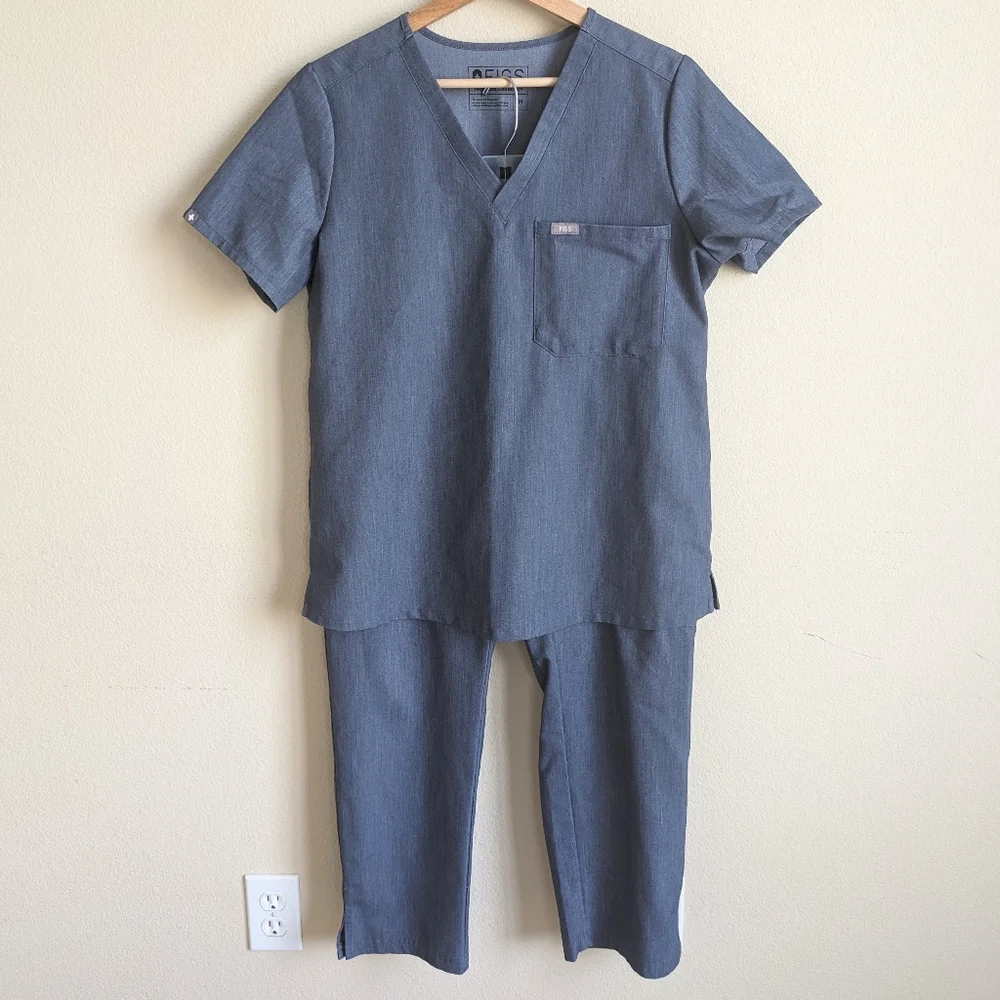 FIGS Scrub Set Heather Denim Catarina Top Yola Skinny Pants M Petite Stretch - Picture 4 of 15